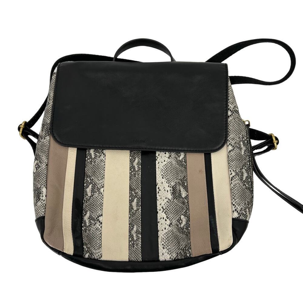 Fossil Backpack Handbag Claire Patchwork Cow Hide Leather‎ Snake Reptile Stripes
